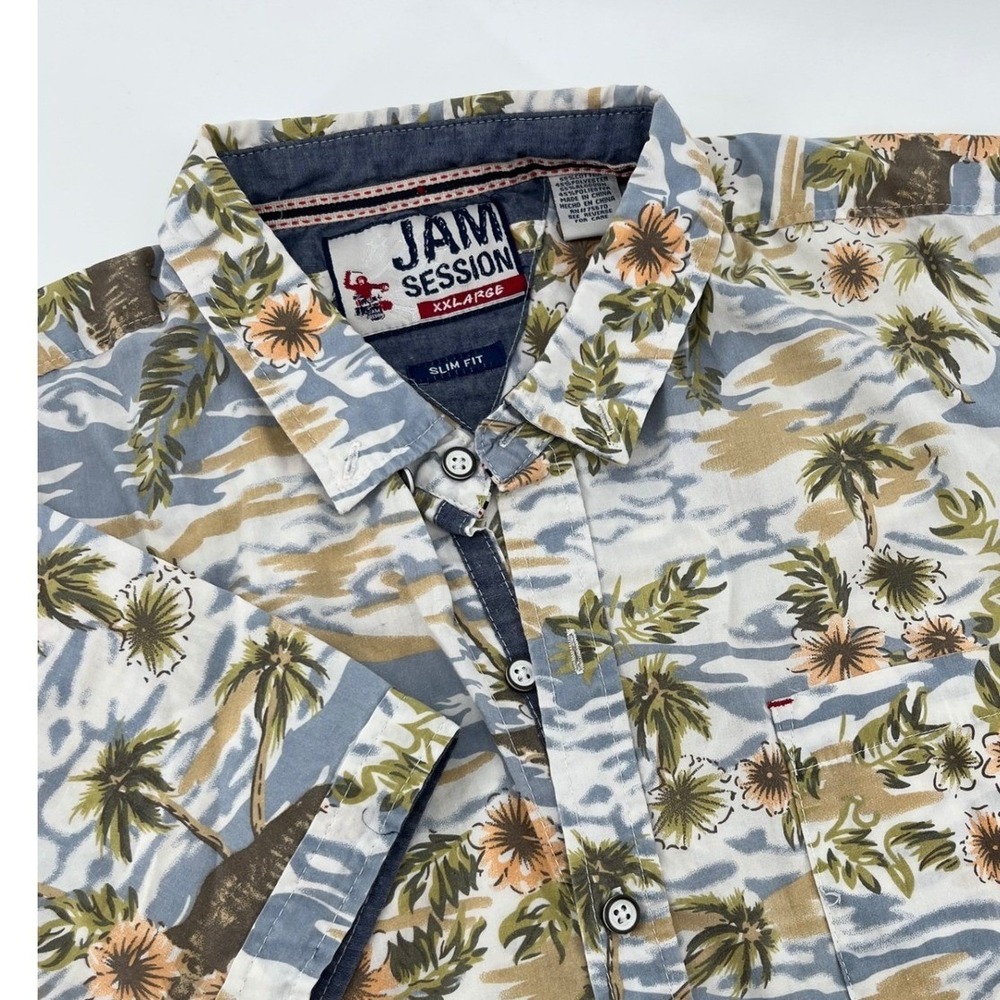 Jam Session Men XXL Tropical Palm Tree Camo Print Short Sleeve Button Down Shirt